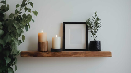 wood shelf on a white wall with a candle plant and picture frame