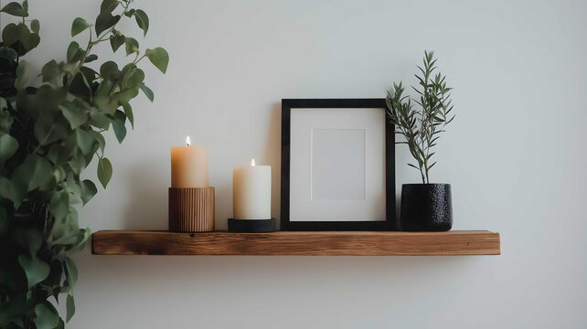 wood shelf on a white wall with a candle plant and picture frame