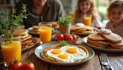 Family enjoying delicious pancake breakfast at home kitchen table. Stacks of pancakes with cream, eggs, tomatoes, orange juice. Happy gathering for weekend brunch meal. Healthy homemade cookery.