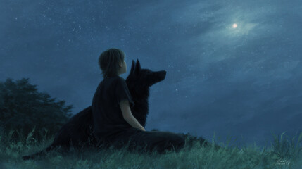 Fototapeta premium a woman sitting in a field with a dog
