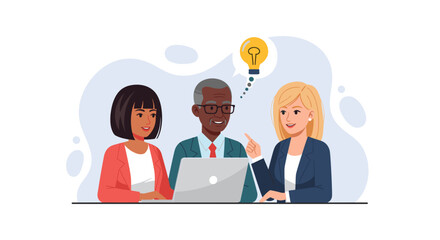 A diverse team of business professionals collaborates around a laptop, sharing innovative ideas and developing strategic solutions in a productive meeting.