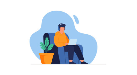 Modern flat vector illustration of a person working remotely on a laptop from a home sofa, wearing headphones, symbolizing digital life.