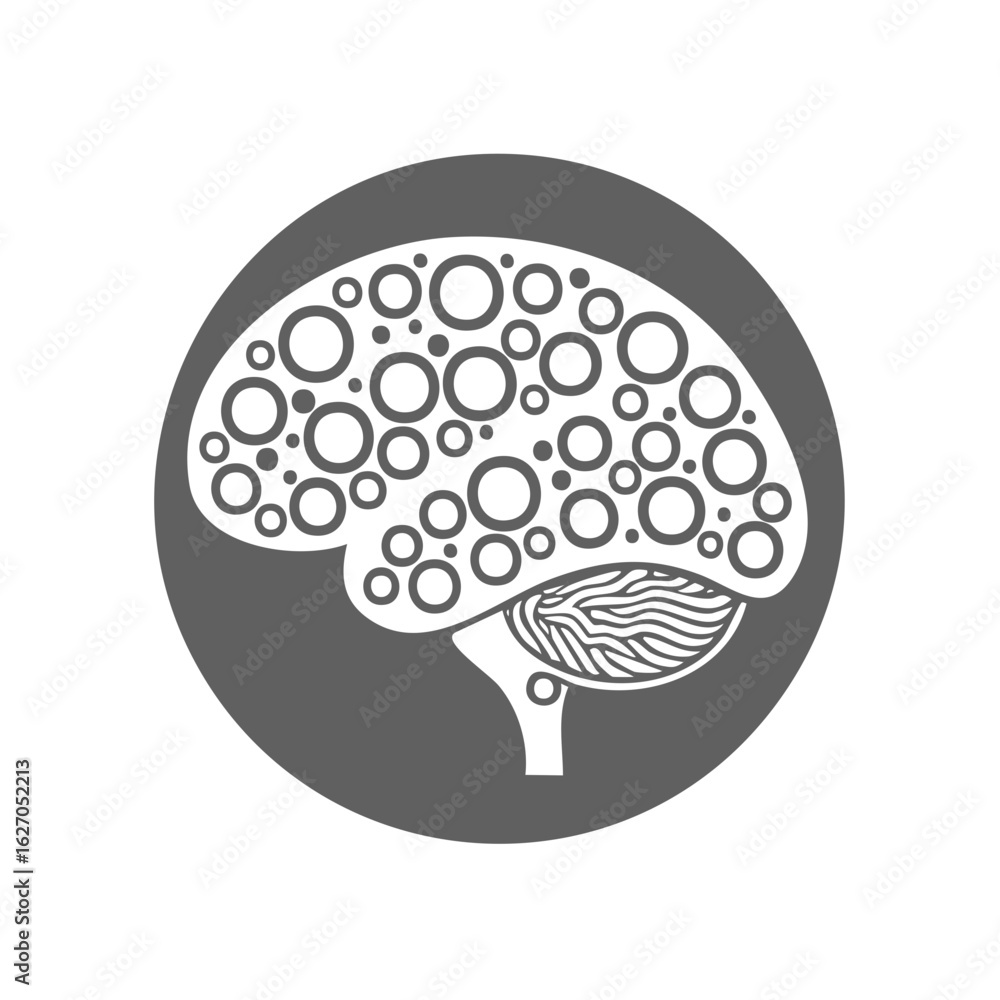 Poster abstract human brain icon with bubble pattern in a gray circle symbolizing mind and intelligence