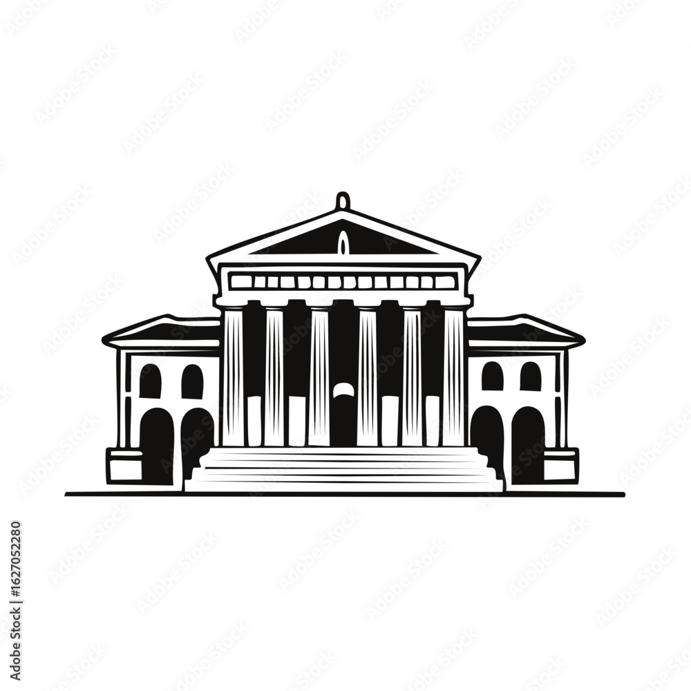 Poster neoclassical building facade with columns and pediment