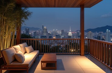 Fototapeta premium Modern hotel balcony offers stunning city skyline panorama at dusk. Features Japanese-inspired design with polished concrete floors, wood railings, comfortable linen lounge chairs. Perfect urban