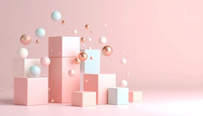 abstract business diagram, Abstract geometric composition with spheres and cubes in pastel colors