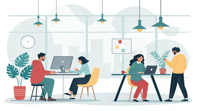 A diverse group of professionals collaborates efficiently within a bright, contemporary open-plan office space, fostering productivity and teamwork.