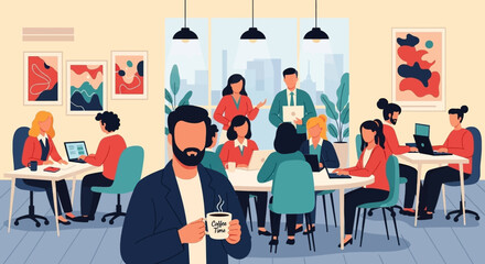 A diverse group of professionals actively collaborates and works in a vibrant, modern office environment, fostering teamwork and productivity.