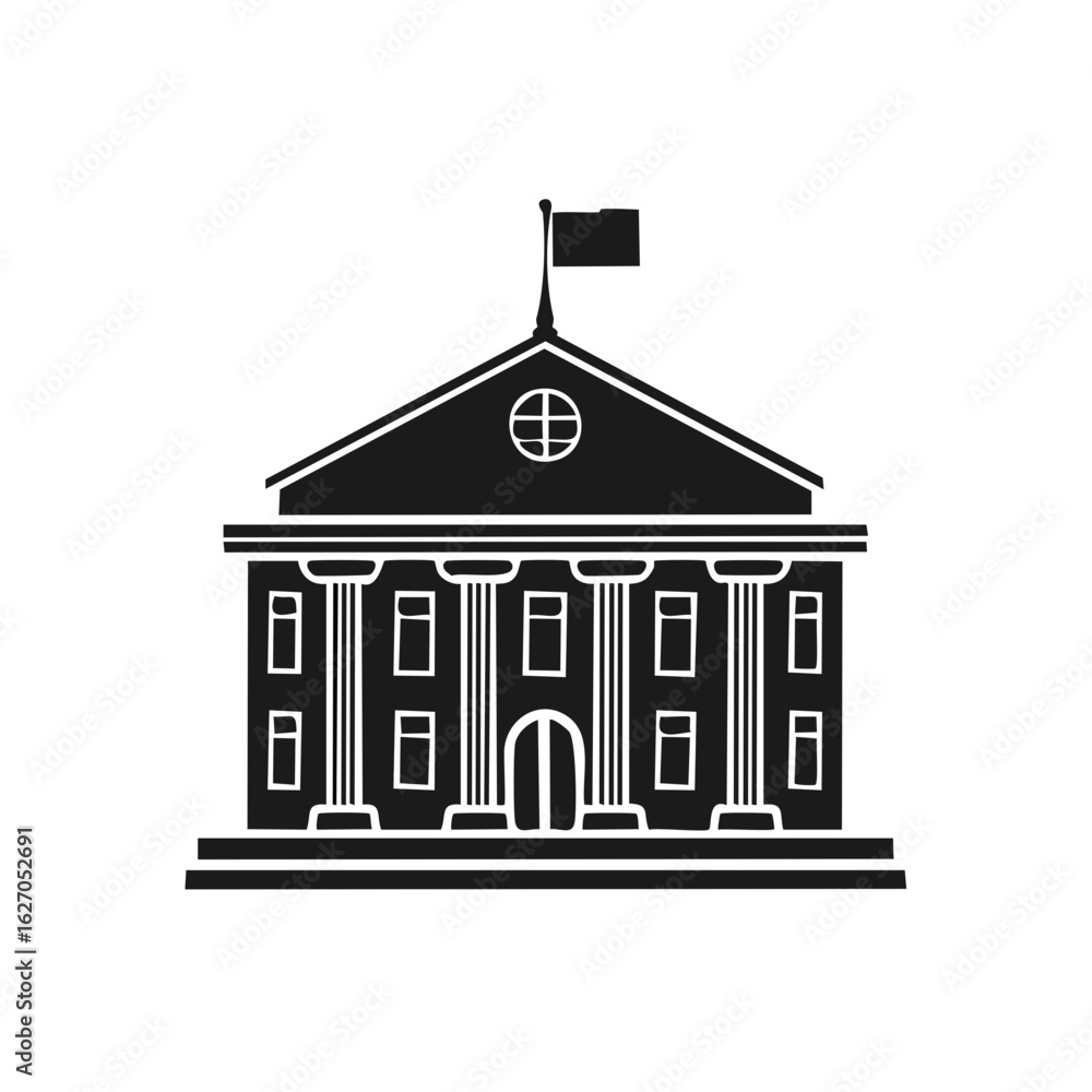 Poster official institutional building with classic columns and flag flat design vector icon silhouette