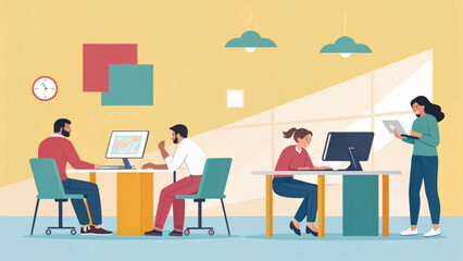 A diverse team of professionals collaborates efficiently in a modern, brightly lit open-plan office space, fostering productivity and innovation.