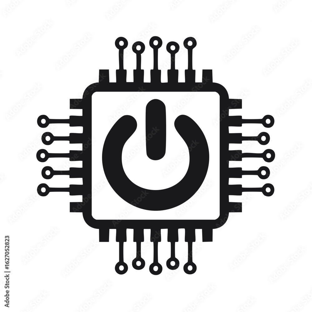 Poster digital power button symbol on a microchip representing electronic control and innovation