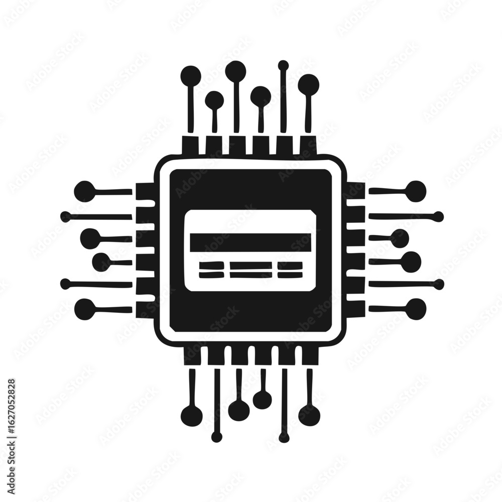 Poster fintech concept icon with credit card on a computer microchip for secure digital payment