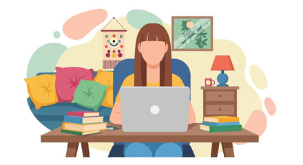 A woman works remotely from her cozy home office, surrounded by books and comfortable furniture, enjoying a relaxed work environment.