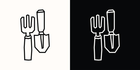 Garden Tools Icon in Black Line Art and White Line Art Cutout Style