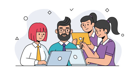 Diverse team collaborates on project, using laptops and tablets, brainstorming ideas in a modern, collaborative workspace, fostering innovation and teamwork.