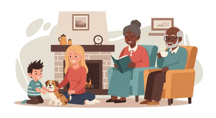 A heartwarming illustration depicts a multigenerational family enjoying quality time together in a cozy living room, complete with a fireplace and a playful dog.