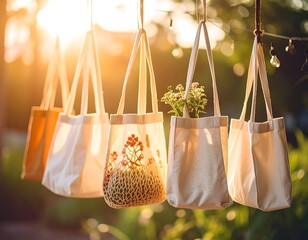 Canvas tote bags hanging outdoors