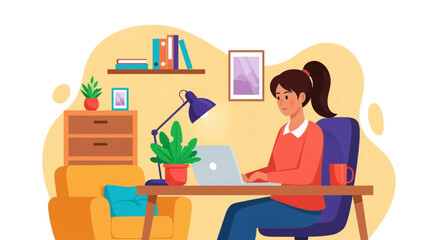 A young woman works remotely from home on her laptop, sitting at a desk in her colorful, modern living room, managing tasks and staying productive.