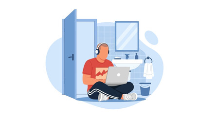 Man wearing headphones works on a laptop while sitting on the floor in a bathroom, illustrating modern remote work habits.
