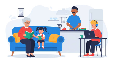 Happy multigenerational family spending quality time together at home: grandmother reading with granddaughter, father cooking, and son studying on laptop.