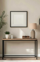 A modern entryway scene captured from a frontfacing perspective featuring a sleek console table with a square photo frame prominently displayed on its surface The