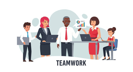 A diverse group of professionals actively collaborates on a project, showcasing effective teamwork and shared goals in a modern business environment.