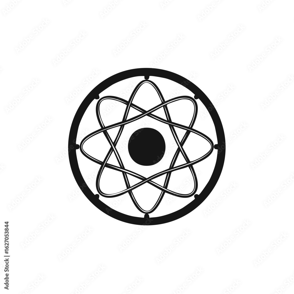 Poster simple black atom symbol with nucleus and elliptical electron orbits in a circle icon