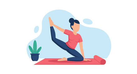 A young woman practices yoga at home, performing a challenging leg extension pose on a red mat, showcasing flexibility and serenity in a minimalist illustration style. 