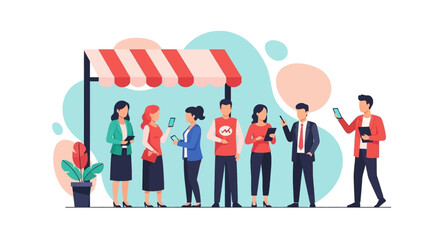 Diverse group of people in a line at a market stall, engrossed in their smartphones, illustrating modern life.