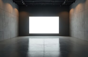 Modern concrete exhibition hall with large blank screen. Minimalist industrial architecture features dark walls, polished concrete floor with dramatic lighting. Versatile for presentations, events,