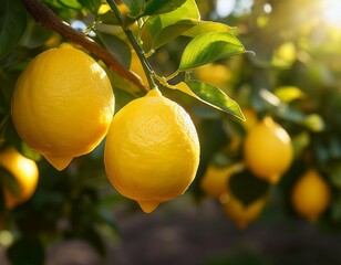 ripe yellow lemons on a tree close up lemon orchard