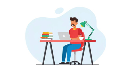 A cartoon man with a mustache is diligently working on his laptop at a modern desk, surrounded by books and a lamp, illustrating remote work or study.