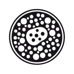 Obraz premium Abstract black and white circular design with numerous dots and an irregular central shape suggesting a cell or particle cluster