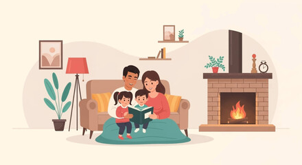 A happy family enjoys quality time together reading a storybook in a cozy living room with a warm fireplace, creating a heartwarming and inviting atmosphere.
