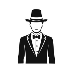 Monochrome icon of a man wearing a tuxedo, bow tie and hat in flat design style