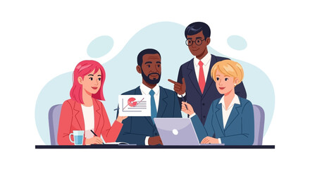 A diverse team of professionals engages in a productive business meeting, collaboratively analyzing data and discussing strategic plans to achieve company goals.