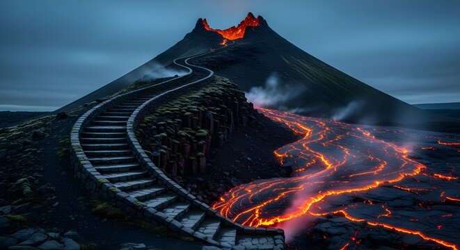Spiraling Stone Staircase on Steep Volcanic Hill with Glowing Lava Cracks - Powered by Adobe