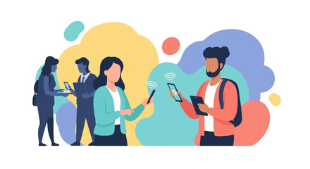 Modern individuals engage in seamless digital communication and online social networking through various mobile devices, highlighting global connectivity.