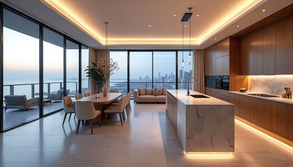 Luxury condo kitchen, dining area feature open concept living space with stunning ocean, city skyline views. Modern interior design includes sleek wooden cabinets, marble island, stylish seating.