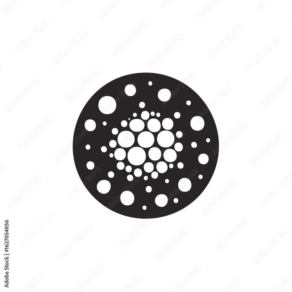 Poster abstract digital pattern with white circles and dots inside a black circular shape