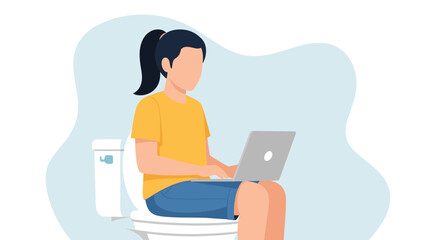 A young person sits on a toilet engrossed in their laptop, illustrating the pervasive nature of technology and constant connectivity in modern life.