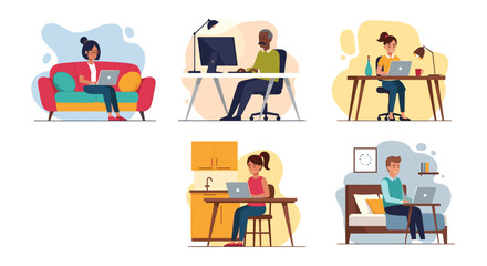 Illustrations depict diverse individuals working remotely from various home and office settings, showcasing modern flexible employment and digital lifestyles.