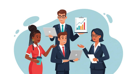 A diverse group of business professionals collaborate, reviewing charts and using laptops to analyze data, fostering teamwork and achieving success in a modern office setting.