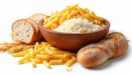Pile of staple carbohydrates includes penne pasta, white rice in wooden bowl, sliced bread loaves and wheat stalks. Delicious, tasty, appetizing ingredients for healthy balanced diet meals.
