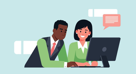 Two diverse colleagues collaborate on a computer, engaging in a productive online discussion or learning session with chat bubbles in the background.
