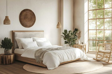 Side view of modern bedroom with white walls wooden floor white bed with textile headboard Panoramic window iluminate the space on clear garden view 3d rendering p