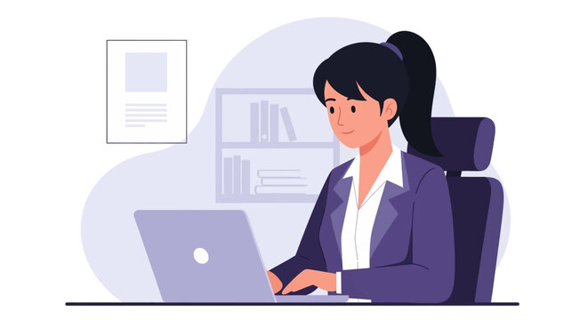 A young businesswoman sits at her desk, working on her laptop in a modern, minimalist office setting, showcasing professionalism and efficiency in her daily tasks.