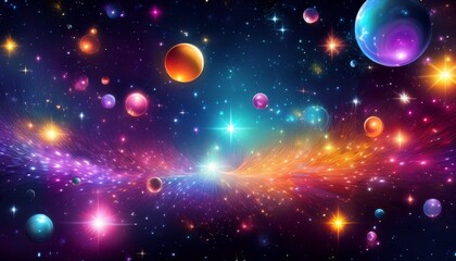 vibrant cosmic scene with colorful stars and glowing orbs against a dark background