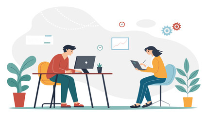 Two professionals are diligently collaborating and working on their tasks in a modern, productive office environment, fostering teamwork and efficiency.