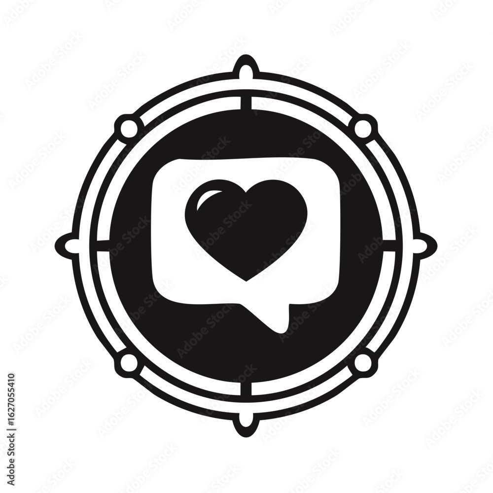 Poster heart in a speech bubble icon inside a circular target frame, a love message symbol.